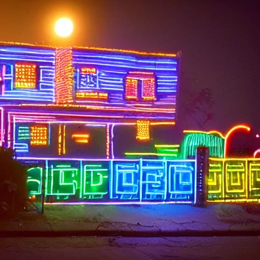 Image similar to cybernetic neon lit ndebele homestead seen from the front, street scene in blade runner