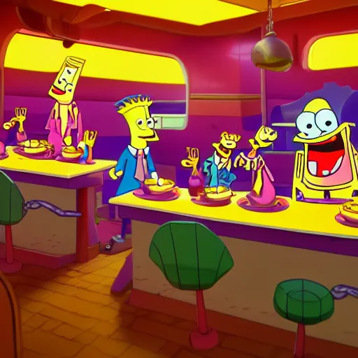 Prompt: spongebob squarepants eating at the krusty krab, inspired by stephen hillenburg, perfect symmetry, dim volumetric cinematic lighting, extremely hyper - detailed attributes & atmosphere, intricately proportional, masterpiece, artstation, stunning,