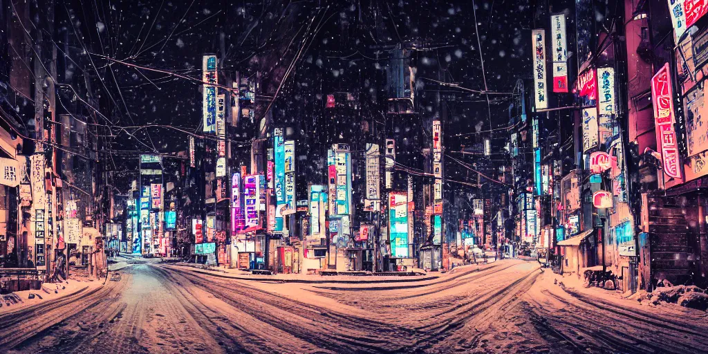 Image similar to a city street at night, snowing, photograph, cyberpunk, sharp focus, intricate detail, drone shot, high resolution, 8k, neon streetlights, wires hanging down everywhere, Japan, colourful, streets filled with cats