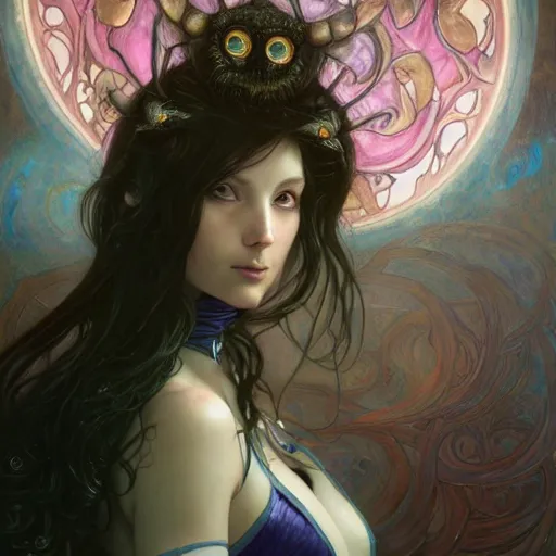 Image similar to Masterpiece head and shoulders portrait of Fiora from League of Legends of Arcane animated Series as demon with glowing eyes with pink and blue short hair and arcane armor drawn by Donato Giancola and Tom Bagshaw, Edmund Leighton, Alphonse Mucha, background by James Jean and Gustav Klimt, 4k, porcelain skin, volumetric lighting, komorebi, french nouveau, trending on artstation, octane render, hyperrealistic