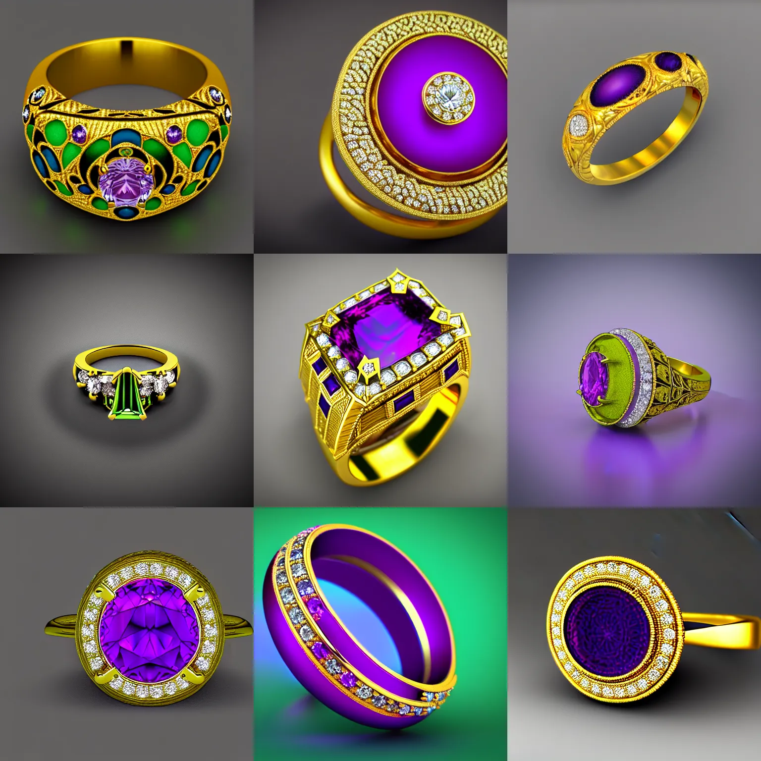 Image similar to mystical gold and diamond ring with fine purple and green details, ultra detailed, centered, octane render, elegant, caustics