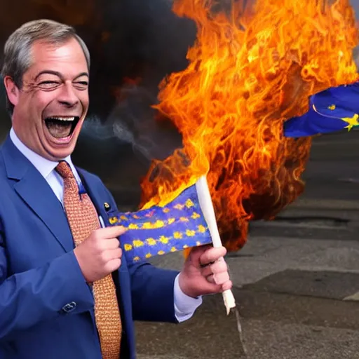 Image similar to nigel farage laughing holding burning eu flag, photograph, hd