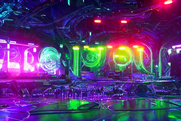 Image similar to a concert stage, big glowing letters over the stage tripmachine, center of the stage is a big futuristic steampunk generator surrounded by speaker towers, rock musicians on the stage, laser show, 8 k, fluorescent colors, halluzinogenic, multicolored, exaggerated detailed, unreal engine