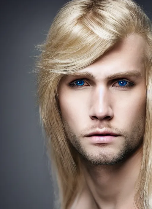 Image similar to portrait of a blond handsome man with long hair, anime inspired, High Res 8K,hyperdetailed