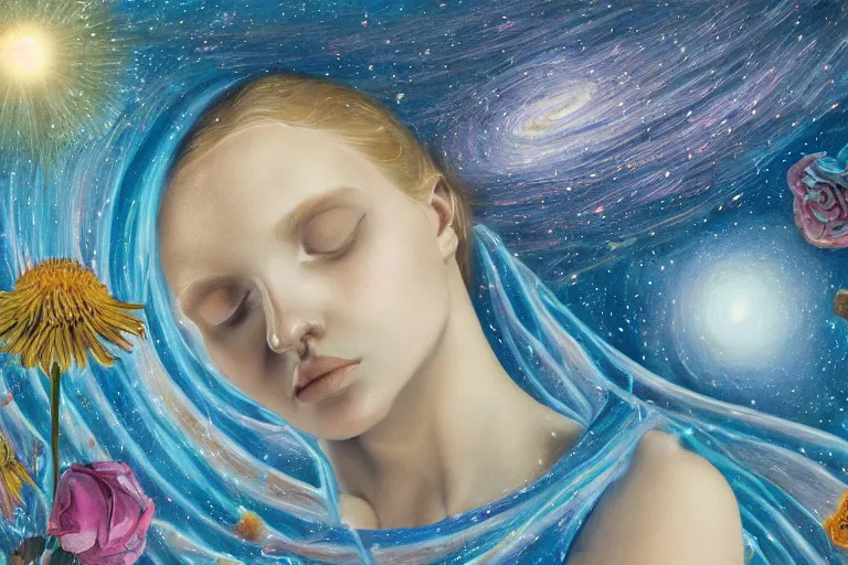 Prompt: hyperrealism, portrait of a young beautiful android melting with another android mixed with flowers in blue desert and night stars cosmos with blue clean sky, spiral composition, in style of classicism