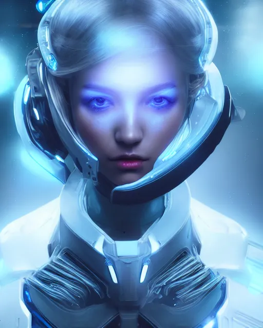 Image similar to perfect android girl on a mothership, warframe armor, beautiful face, scifi, futuristic, galaxy, nebula, raytracing, dreamy, long white hair, blue cyborg eyes, sharp focus, cinematic lighting, highly detailed, artstation, divine, by gauthier leblanc, kazuya takahashi, huifeng huang