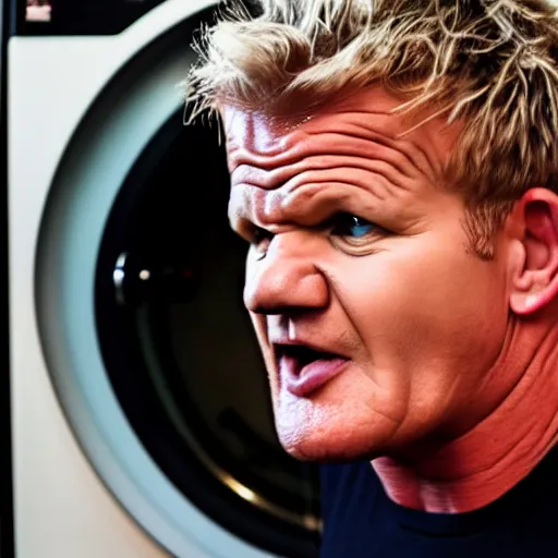 Image similar to photo of angry furious Gordon Ramsay poking his head out of a washing machine and shouting at the camera