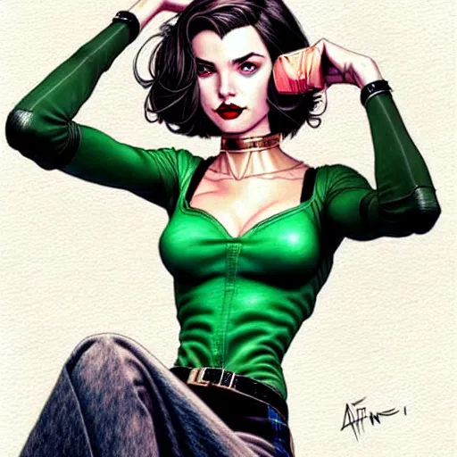 Prompt: modish hipster Selina Kyle in a café posing for the camera. insanely and epically detailed supreme-quality color pencil artwork, amazingly composed image, epic pencil illustration by Artgerm and Stanley Law.