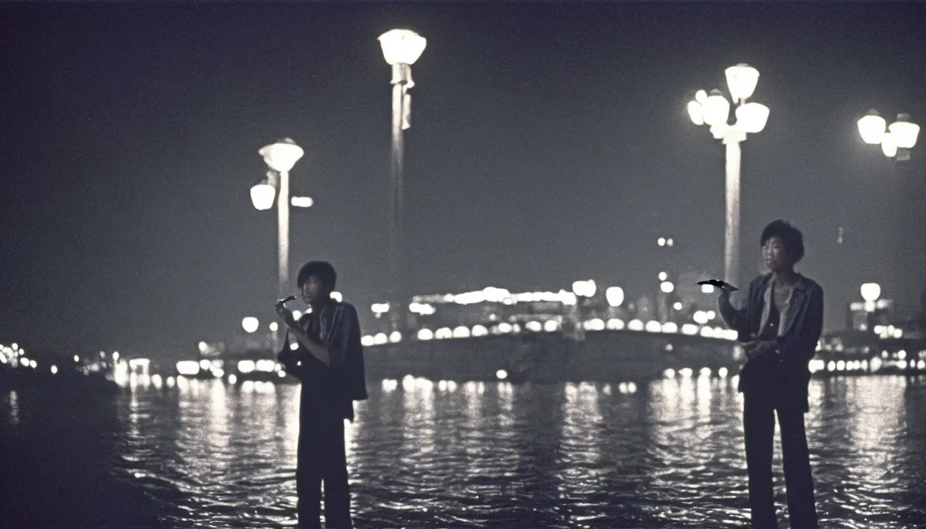 Image similar to 80s asian neon movie still with a man smoking cigarette by the river at night with city lights behind his back. Fallen angels movie still. hyperrealistic, high definition, medium format photography, highly detailed, tehnicolor