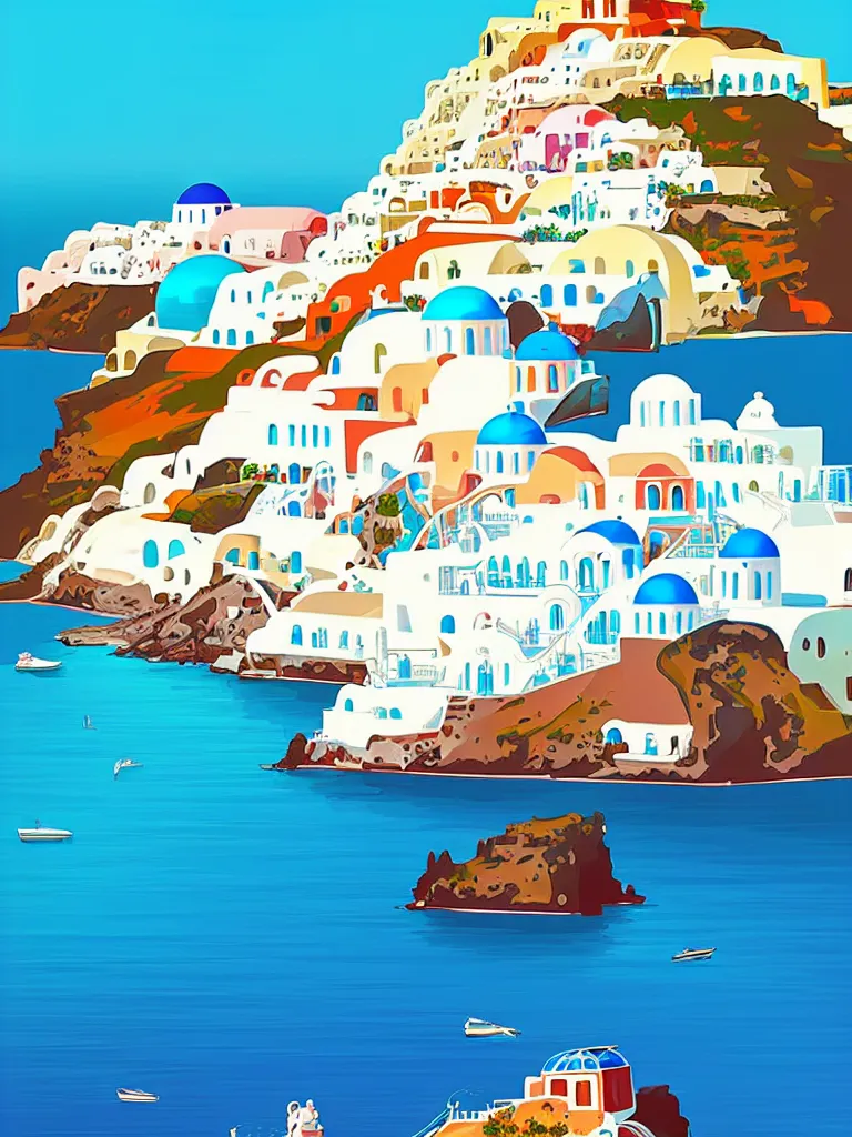 Image similar to a travel poster illustration depicting a house in santorini with an ocean view, vintage style, white architecture, digital painting, vector art, trending on artstration, by anton fadeev, by alena aenami