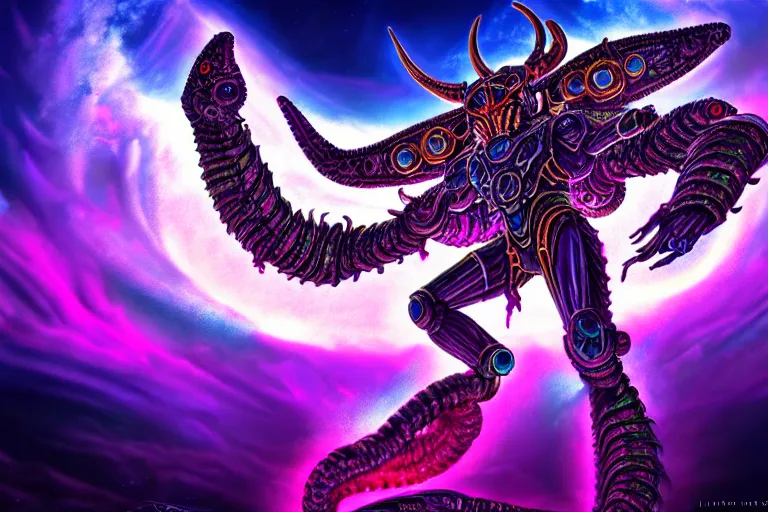 Image similar to epic pose of rebulon the ancient demon, by lisa frank, masterpiece concept art, 8 k, intricate detail, cinematic lighting, epic pose, deep colors, majestic view