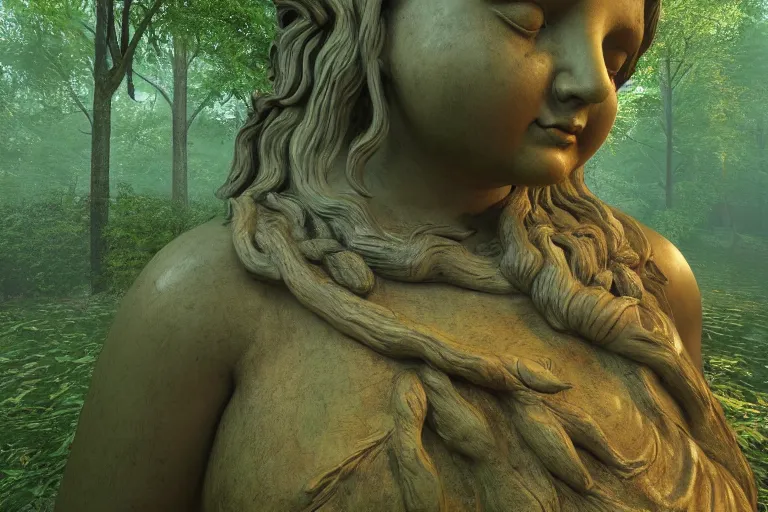 Image similar to an old and beautiful statue depicting the hearty and chubby goddess of earth and trees, lost in heart of the forest | overgrowth | sunshafts | volumetric lighting | ultradetailed | ultrarealistic | dramatic lighting | fantasy |
