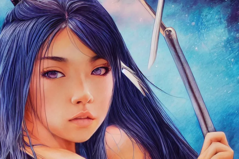 Image similar to highly detailed beautiful photo of madison beer as a young female samurai, swinging her sword, symmetrical face, beautiful eyes, cobalt blue hair, realistic anime art style, 8 k, award winning photo, pastels colours, action photography, 1 / 1 2 5 shutter speed, sunrise lighting