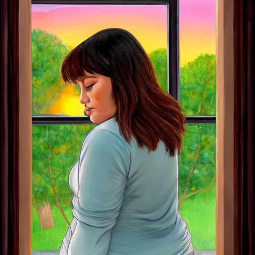 Prompt: a ultra detailed painting of young plus size hispanic woman with long dark brown hair with bangs, tan skin, brown eyes, and yellow cardigan, wistfully looking out the her bedroom window, during a sunset high quality, cute, award winning, trending on art station,