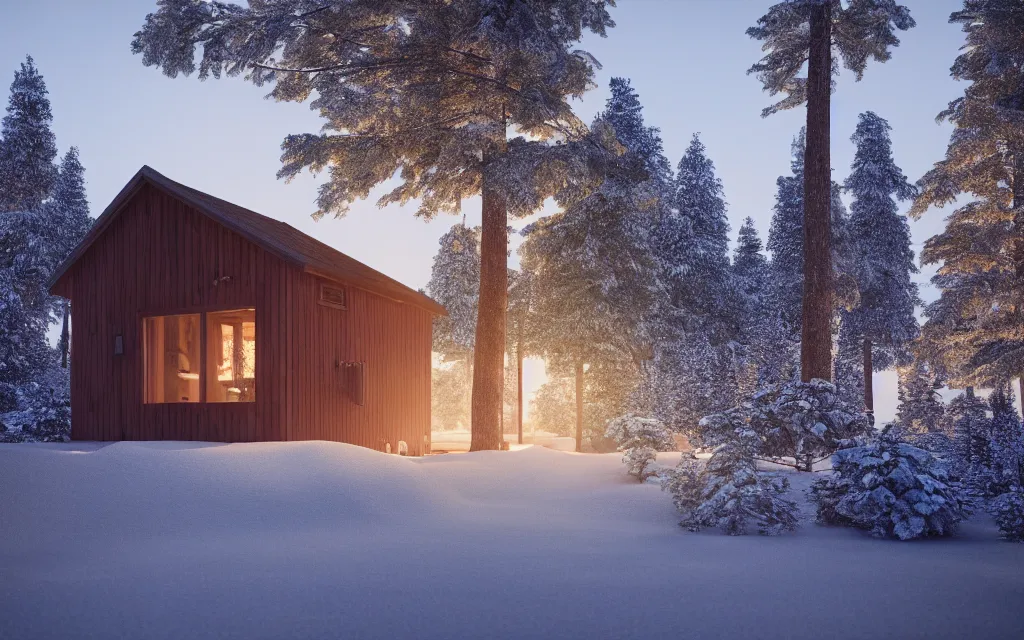 Prompt: finnish sauna architectural visualization, winter scene, cozy, corona render, rendered in vray, evening light, lakeside, dof, mountainous landscape, pine forest, evermotion, ronen bekerman, contest winner, archviz, peter guthrie, box visuals