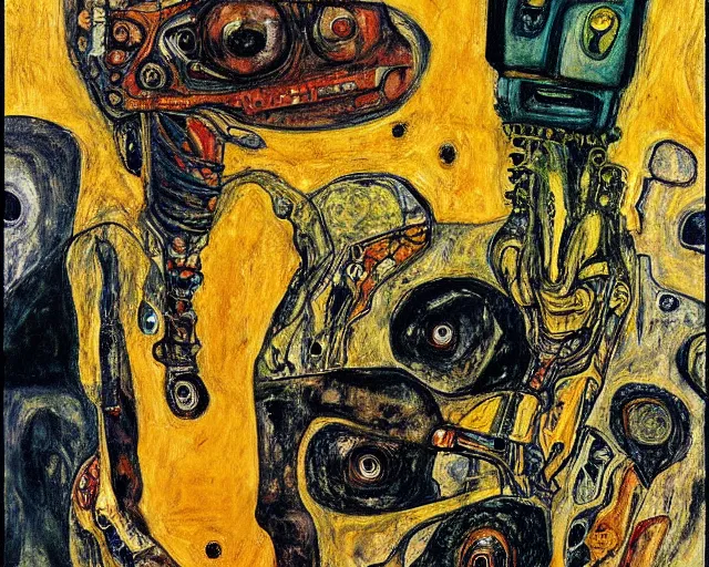 Image similar to a painting of a aliens and robots by graham sutherland, egon schiele!, gustav klimt, expressionism