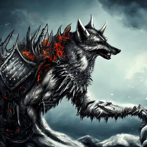 Image similar to angry demonic white polar fox with sharp teeth wearing medieval ornamented rusty armor, ice and fire, postapocalyptic world, hyperrealistic, dramatic sky, highly detailed