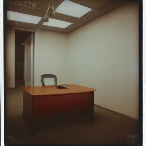 Image similar to a polaroid photo a of an abandoned and rather lonely office workspace, completely empty, desolate and devoid atmosphere, faint string lights hung on the wall can be seen, shot with portra 400