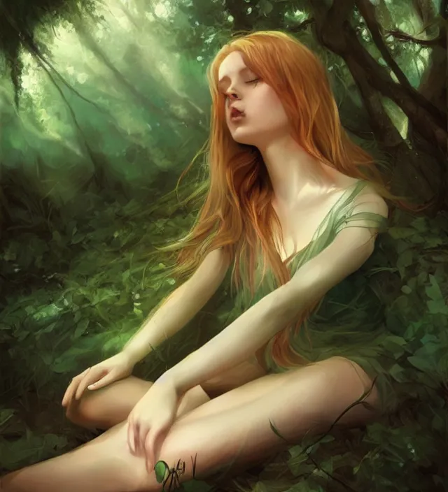 Prompt: girl lying in forest, art by charlie bowater