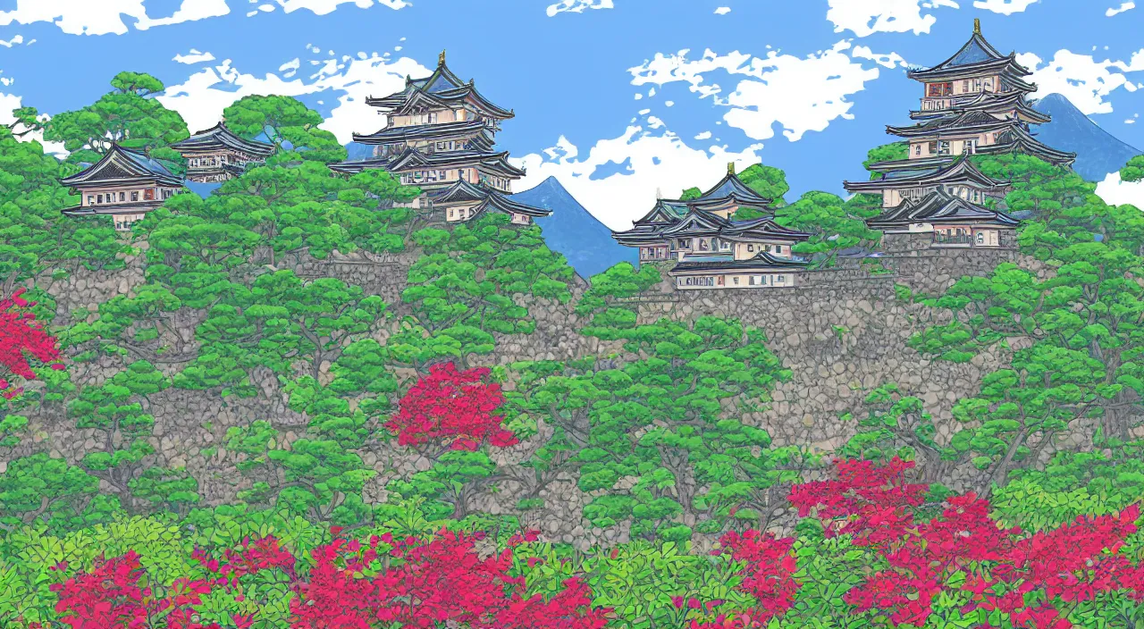 Prompt: a Japanese castle, with a garden as foreground, with mountains as background, in the style of digital art