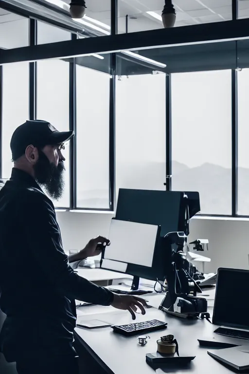 Prompt: high quality photo of mister undreal doing job work in office, masterpiece, aykut aydogdu, postivie, long shot, ground angle uhd 8 k, deep focus