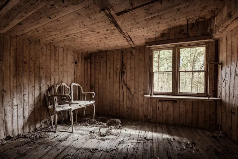 Image similar to a film production still, 2 8 mm, wide shot of a cabin interior, wooden furniture, cobwebs, spiderwebs, dynamic volumetric lighting, abandoned, depth of field, cinematic