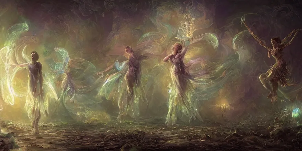 Prompt: concept art of translucent glowing fairies dancing, lovecraftian, renaissance, melting, round moon, rich clouds, fighting the horrors of the unknown, very detailed, volumetric light, mist, fine art, decaying, textured oil over canvas, epic fantasy art, very colorful, ornate intricate scales