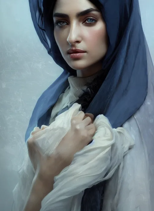 Image similar to a Photorealistic dramatic hyperrealistic render of an arab ameera al taweel, blue eyes, black hair, white veil,by WLOP,Artgerm,Greg Rutkowski,Alphonse Mucha, Beautiful dynamic dramatic dark moody lighting,shadows,cinematic atmosphere,Artstation,concept design art,Octane render,8K