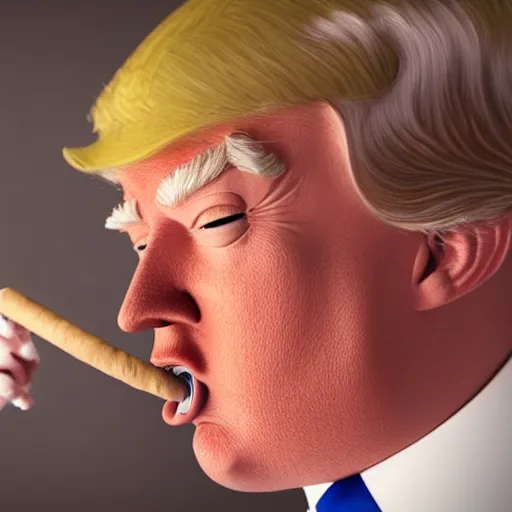 Image similar to a high quality photo of donald trump smoking a cigar, anatomically accurate eyes, 3d scene, render, ultra realistic, artstation, cgsociety