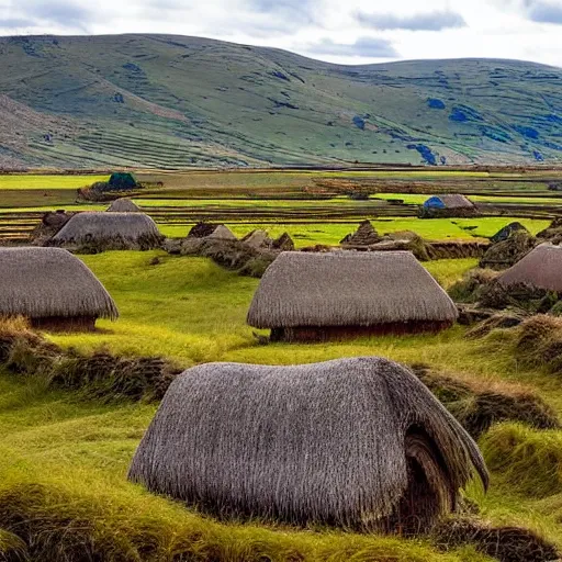 Image similar to beautiful landscape of Rohan with rural thatch roof villages scattered throughout the countryside, in the style of J.R.R Tolkien