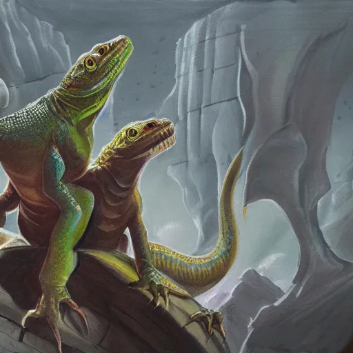 Image similar to dramatic concept art painting of lizard wizards