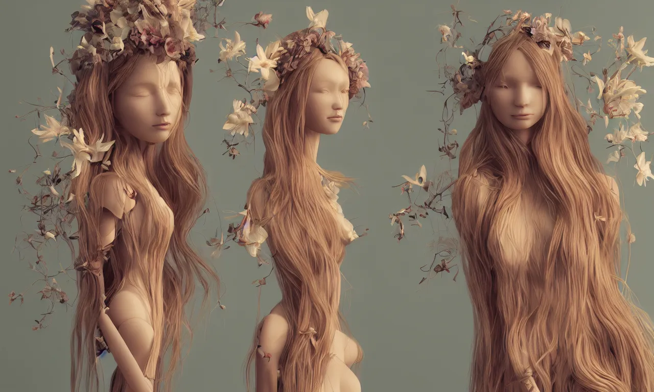 Image similar to a portrait of a beautiful female mannequin, a jointed wooden art doll with long flowing hair, holding each other, big lilies, big moths, lily flowers, by Beeple, trending on Artstation, highly detailed, volumetric lighting, digital painting