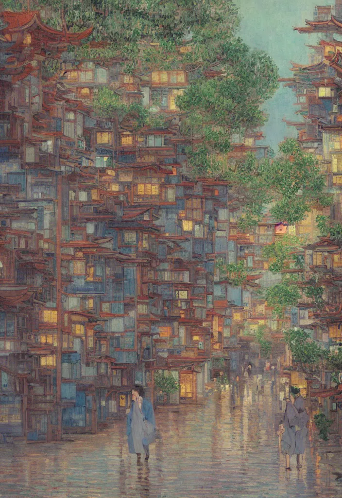 Image similar to a beautiful japanese city near the sea, amazing ryokans and gorgeous edo era houses, cyberpunk, lofi vibe, colorful, vivide colors, oil painting in impressionist style, by jeremy lipkin, by claude monet, by makoto shinkai, by van gogh, multiple brush strokes, inspired by ghibli, masterpiece, beautiful