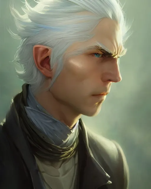 Image similar to character portrait of a slender young half elven man with white hair, piercing bright blue eyes, and pale bluish skin, by greg rutkowski, mark brookes, jim burns, tom bagshaw, trending on artstation