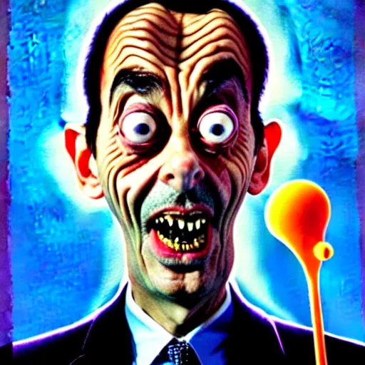 Image similar to mr. bean mad scientist psychopath making extremely silly faces, conjuring up mysterious colorful potions, glows, 3 point lighting, portrait by gaston bussierre and charles vess and james jean and erik jones and rhads, epic, funny, beautiful fine face features, intricate high details, sharp, ultradetailed