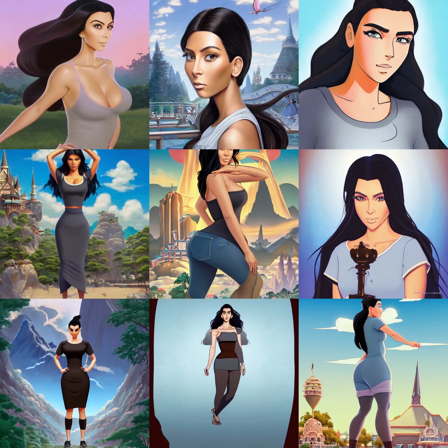 Prompt: full body cartoon render painting of a strikingly gorgeous assiniboine and mandan kim kardashian with blue eyes and long dark brown hair, wearing a modern heather gray tshirt, at california adventure, rossdraws, studio ghibli, norman rockwell, emiliano ponzi, epic composition, hd, octane, unreal engine, volumetric lighting, light rays, masterpiece, award - winning