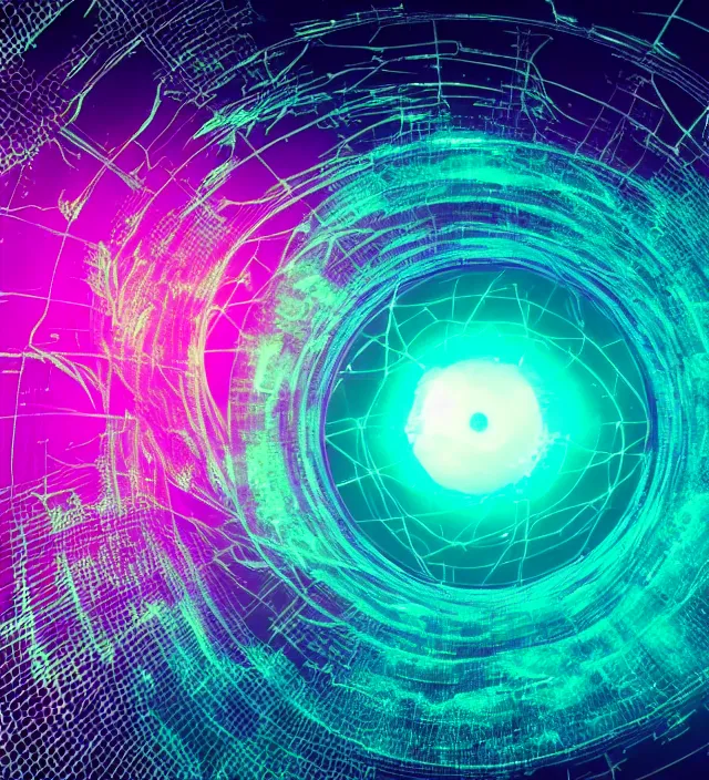 Prompt: an iridescent wormhole wireframe absorbing a galaxy, dark synthwave, aesthetic mood, vintage, sci - fi, 4 k