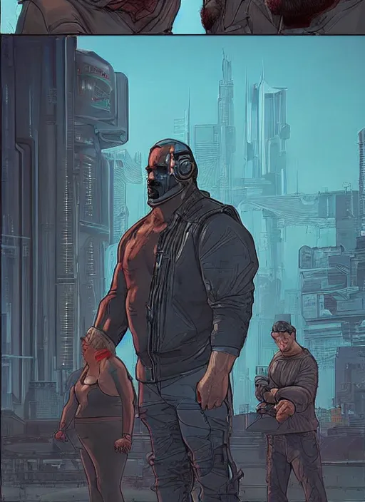 Image similar to Dumb Bubba. Buff cyberpunk meathead trying to intimidate hacker. Large man looms over hacker. Realistic Proportions. Concept art by James Gurney and Laurie Greasley. Moody Industrial skyline. ArtstationHQ. Creative character design for cyberpunk 2077.