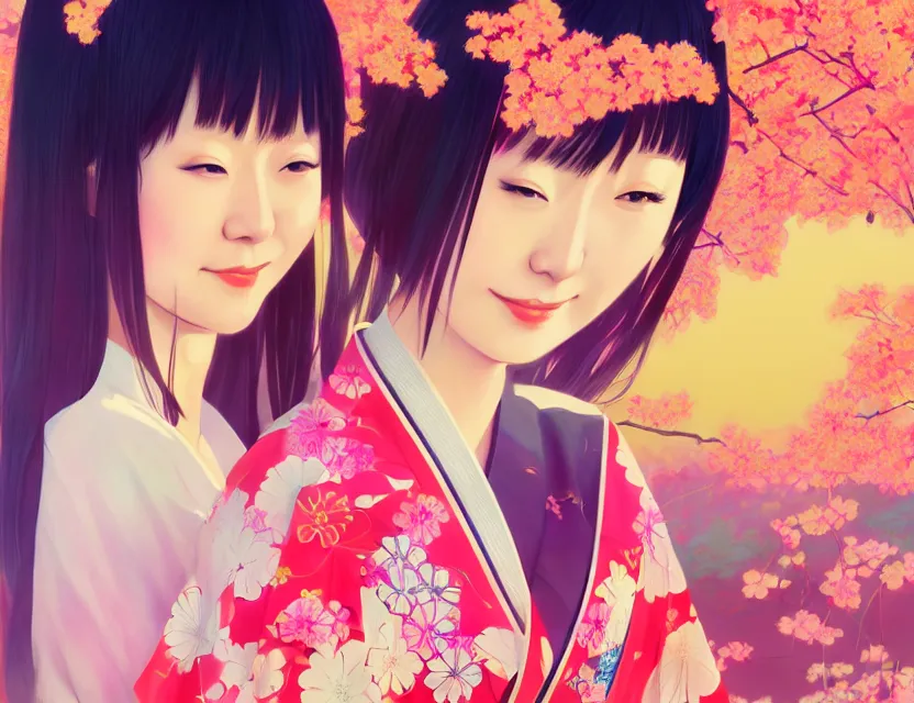 Image similar to two beautiful charming japan female superstar wear arty kimono in festival | | sunny night, festival,, realistic shaded, smile, good looking, hyper details, 4 k realistic, cryengine, realistic shaded lighting poster by ilya kuvshinov, fuji choko, ross tran, 8 k resolution, trending on artstation, luxury