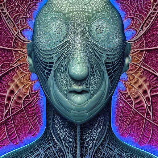 Prompt: realistic extremely detailed fractal lace 3d skin photo style portrait painting of an average man with exposed clear brain , retro futuristic ,water , style hybrid mix of beeple,Jean Delville, Amano,Yves Tanguy, Alphonse Mucha, Ernst Haeckel, Edward Robert Hughes,Stanisław Szukalski and Roger Dean, rich moody colors,diamond dust glitter and sparkles,krypton ion,blue eyes,octane render,4k,f32