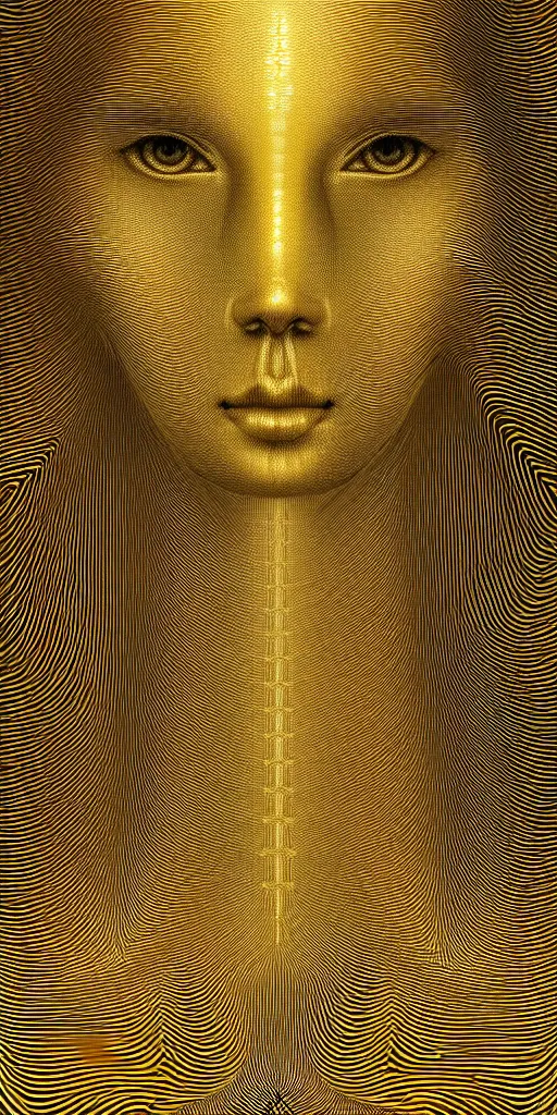 Image similar to hyper detailed ultra sharp of a beautiful fractal face. trending on artstation, golden, delicate, facing camera, hyper realism, 1 4 5 0, engraving, ultra realistic, 8 k