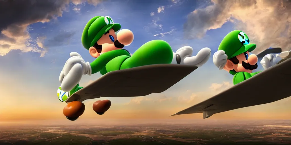 Prompt: luigi from super mario flying a boeing 3 7 3, realistic 4 k octane beautifully detailed render, 4 k post - processing, highly detailed, intricate complexity, epic composition, magical atmosphere, cinematic lighting, masterpiece, ultra hd