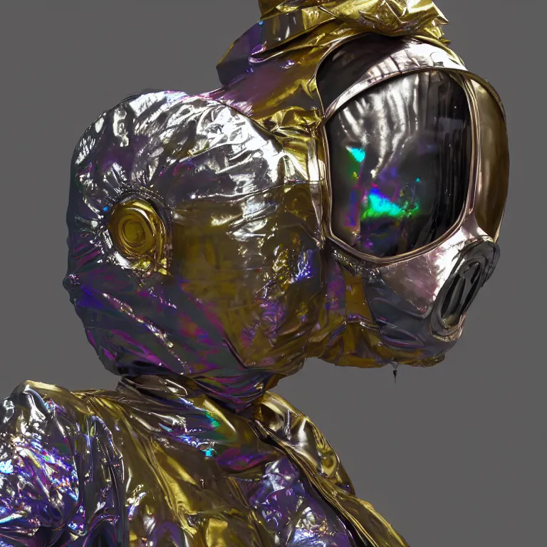 Image similar to octane render portrait by wayne barlow and carlo crivelli and glenn fabry, subject is a woman covered in tie - dye aluminum foil space suit with a iridescent metallic space helmet, inside a dark gothic rococo palace, cinema 4 d, ray traced lighting, very short depth of field, bokeh