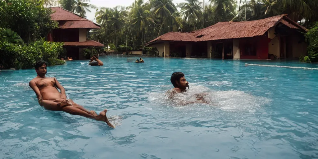 Prompt: sri lankan submerged in a pool, film still, thriller movie style