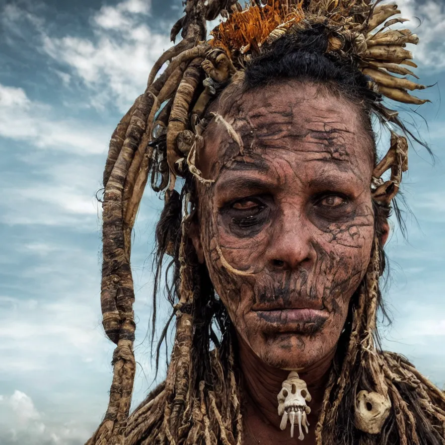 Image similar to extremely detailed award winning national geographic face portrait photography uncut centered and realistic from ancient mayan elder shaman warrior with terrifying face tattoos and heavy bone piercings . 64megapixel. 4k 8k. Photorealistic artwork. Influenced by the movie apocalypto. Landscape background what is slightly blurry and windy.