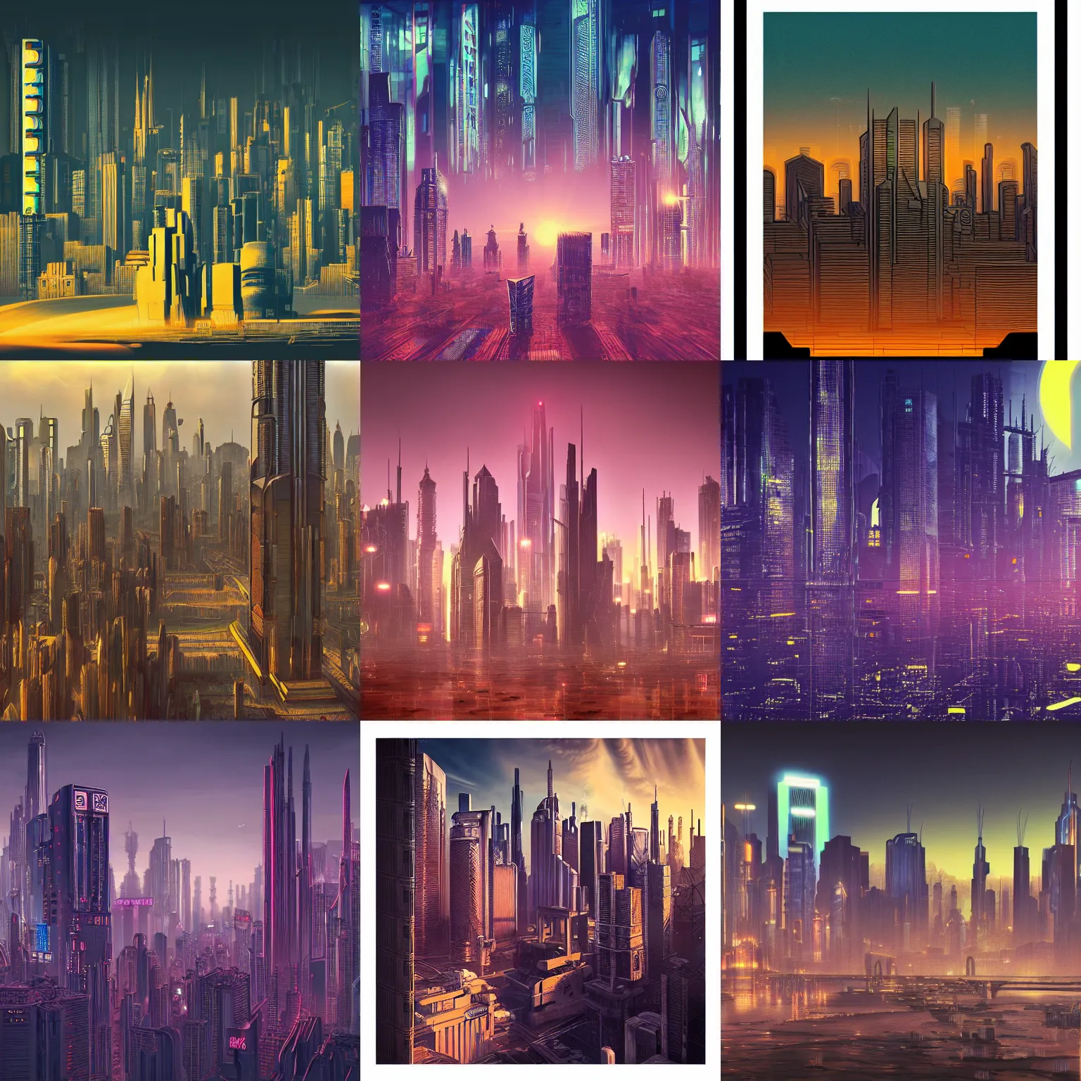 Prompt: beautiful detailed hyperrealistic photo of a cyberpunk art deco skyline at dawn