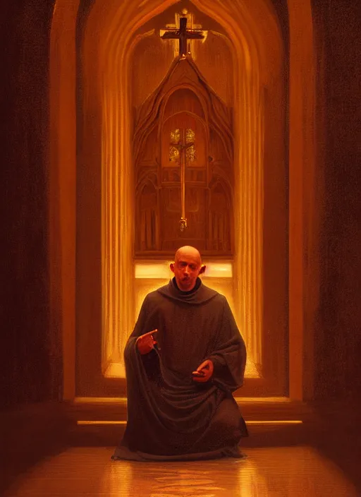 Image similar to symmetry!! oil painting of a weeping tonsured dominican monk in a brown habit, kneeling in a dark empty chapel, hazy, digital art, artstation, cinematic, golden hour, digital art painting by greg rutkowski, cozy atmosphere, cinematic lighting