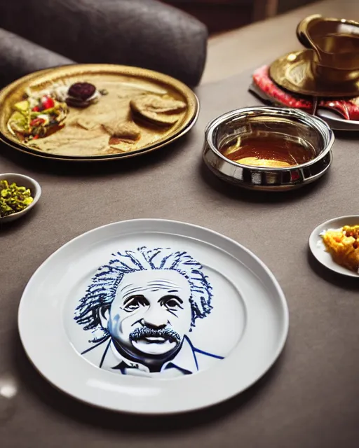 Image similar to a portrait of albert einstein sitting at the dining table with a plate containing thali in front of him, highly detailed, trending on artstation, bokeh, 9 0 mm, f / 1. 4