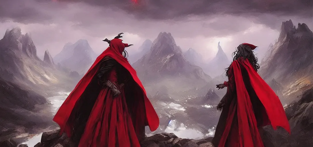 Prompt: witch wearing a red cape casting a powerful spell on the village in the mountains, fantasy, epic, atmospheric, dark, lightning, by artgerm, by greg rutkowski, by noah bradley, digital avedon