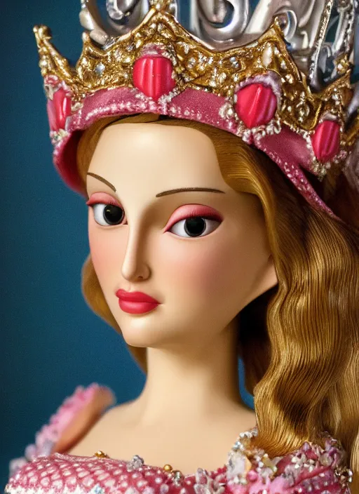 Image similar to closeup face profile portrait of tin toy natalie portman as a blonde fairytale princess wearing a crown eating cakes, bikini, depth of field, zeiss lens, detailed, symmetrical, centered, fashion photoshoot, by nicoletta ceccoli, mark ryden, lostfish, breathtaking, 8 k resolution, extremely detailed, beautiful, establishing shot, artistic, hyperrealistic, octane render